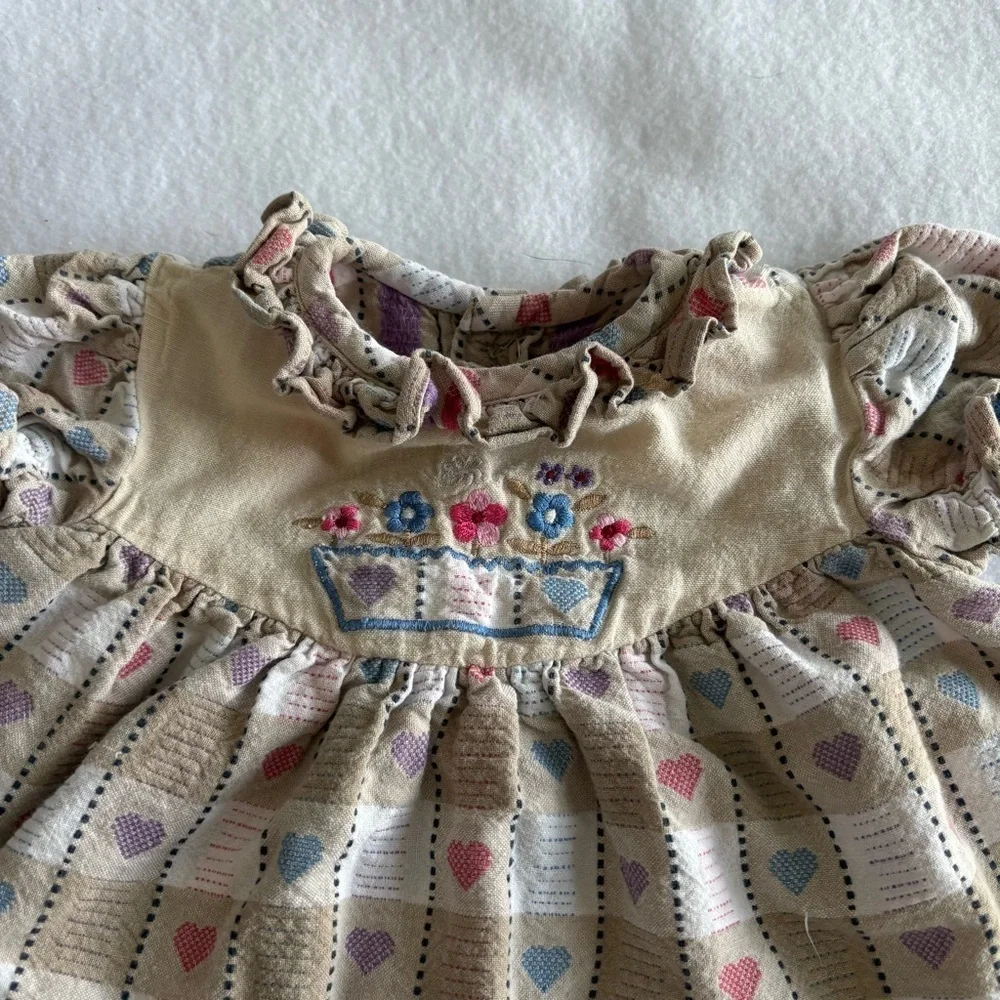 Vintage Kids Girls Cottage Gingham Floral Embroidered Dress Size 3-6M